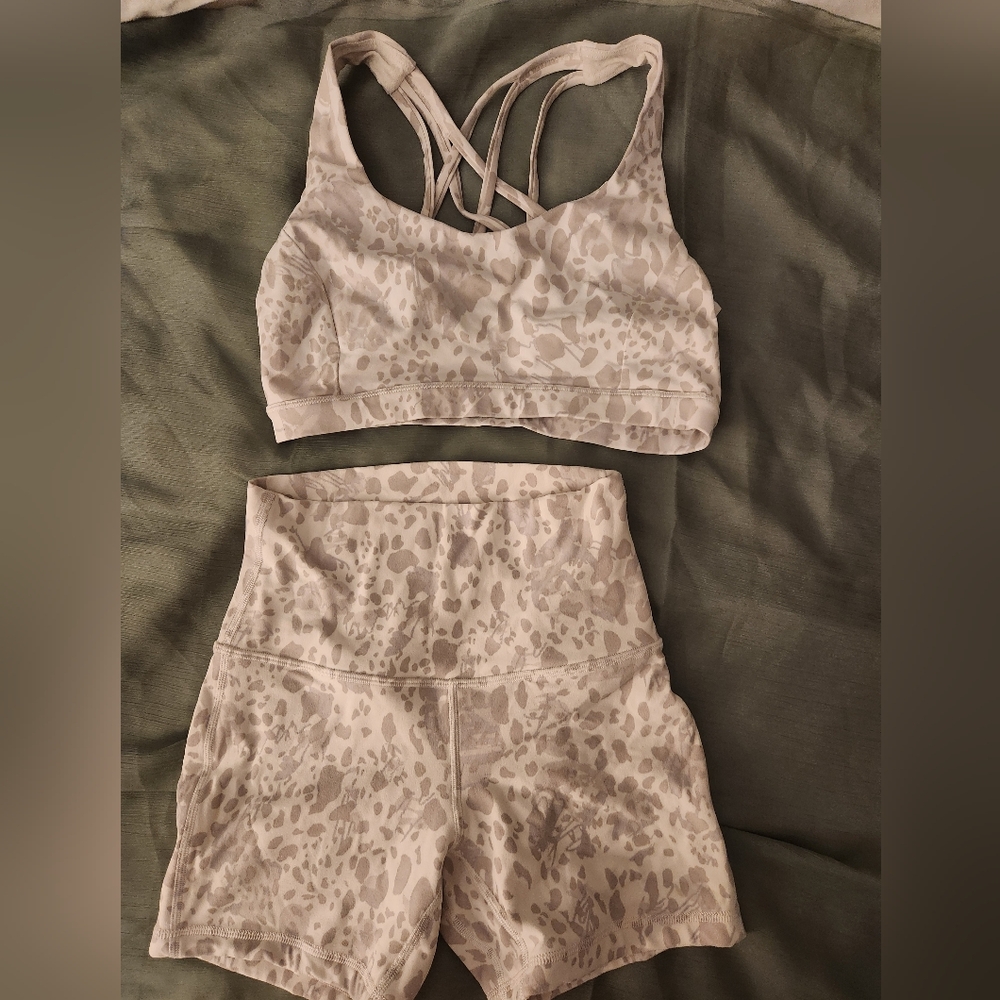 Lululemon Align White CheetahCamo Print Sports Bra and Shorts Set